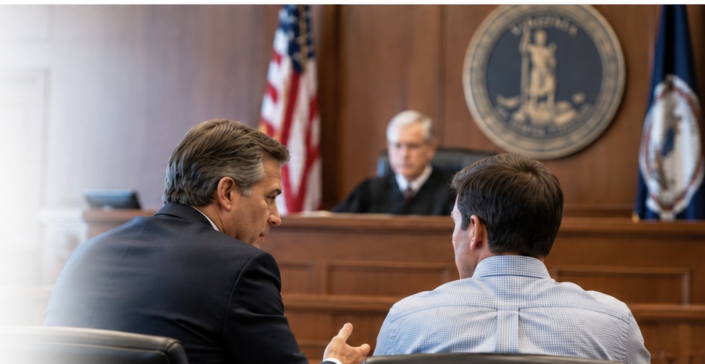 An attorney speaking with a client in a Virginia courtroom while a judge sits at the bench