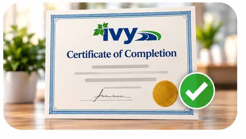 Ivy certificate of completion with a gold seal and green check