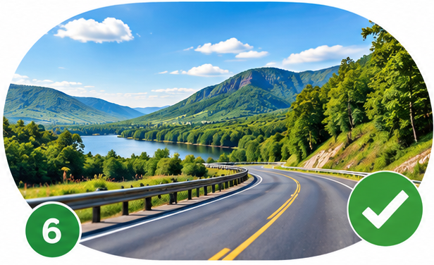 A winding Virginia road beside a river and green mountains, marked number 6 with a green check