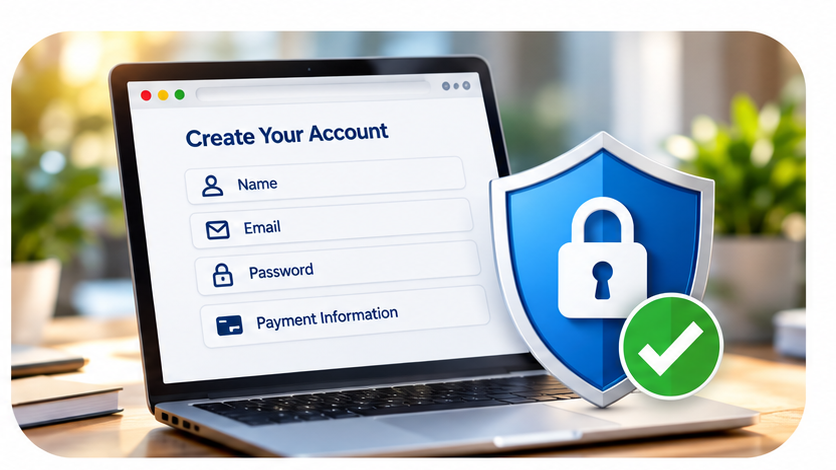 Laptop with a secure registration form beside a blue shield, lock, and green check
