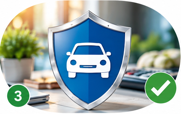 A blue shield with a car icon symbolizing protection and possible insurance savings, marked number 3 with a green check