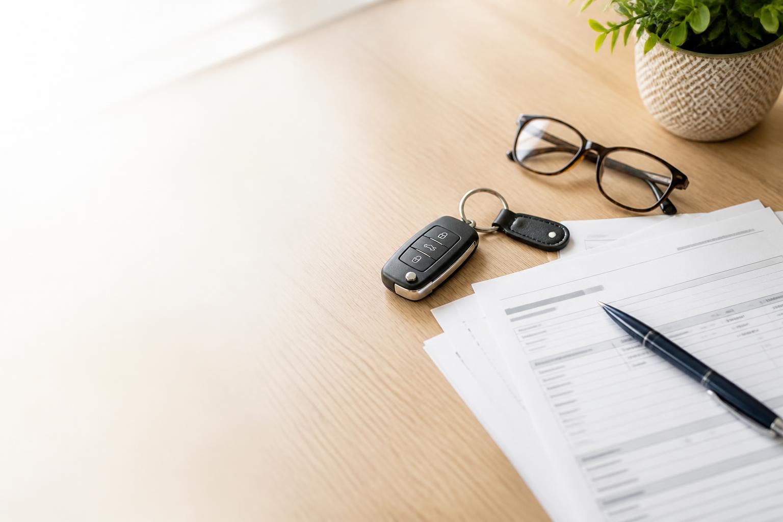 Car keys, eyeglasses, a pen, and generic paperwork arranged on a bright office desk