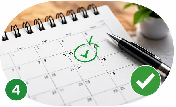 A calendar with a checked-off date and a pen, marked number 4 with a green check