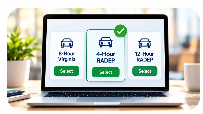 Laptop showing Ivy's three Virginia courses with 4-Hour RADEP selected