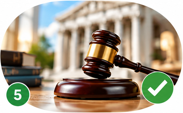 A judge's gavel in a courtroom, marked number 5 with a green check