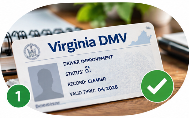 Virginia DMV driver improvement card showing a cleaner record status, marked number 1 with a green check