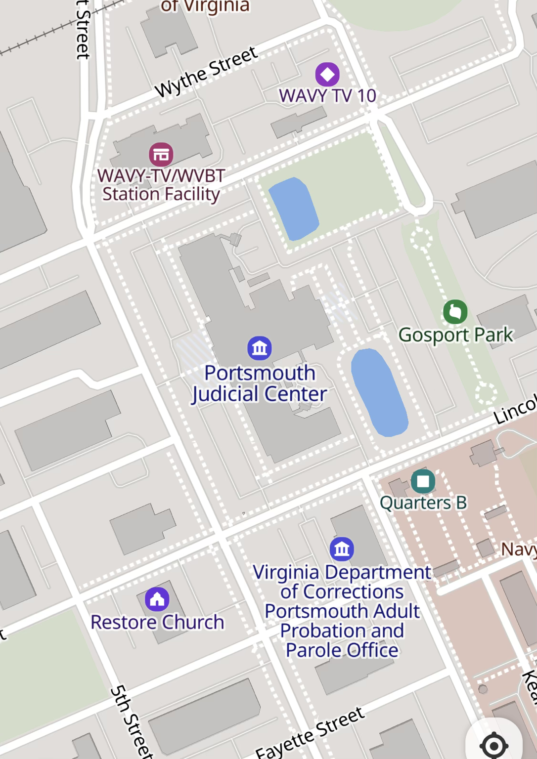 Map showing the Portsmouth Judicial Center, Wythe Street, Gosport Park, and nearby landmarks