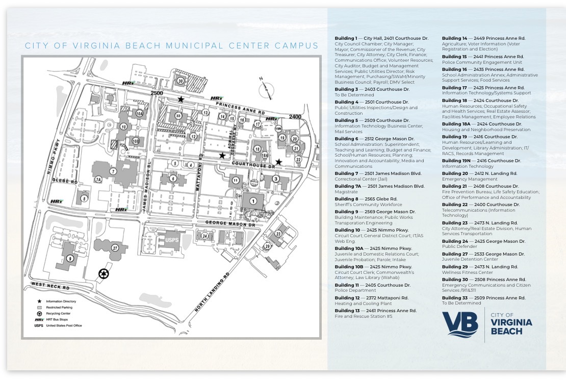 Official City of Virginia Beach Municipal Center Campus map showing General District Court in Building 10B