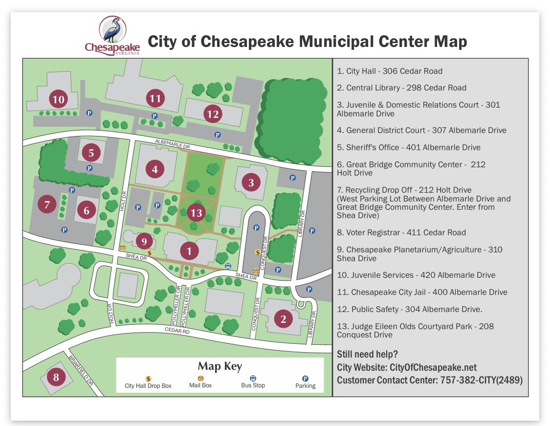 Official City of Chesapeake Municipal Center map showing General District Court in Building 4