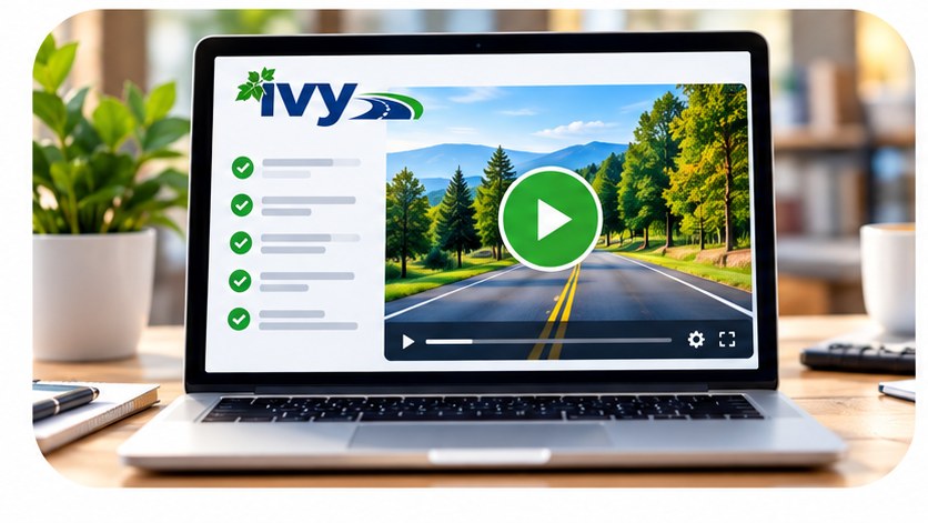 Laptop showing the Ivy online course player with a lesson checklist and play button