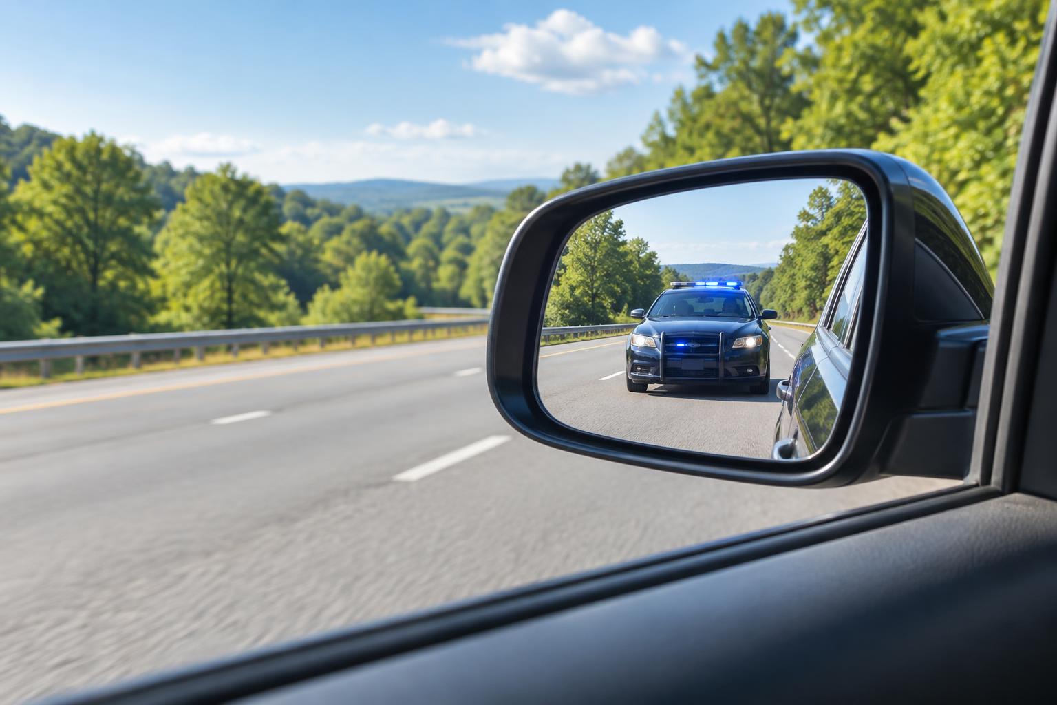Driver-side mirror reflecting a police vehicle with blue lights on a tree-lined Virginia roadway