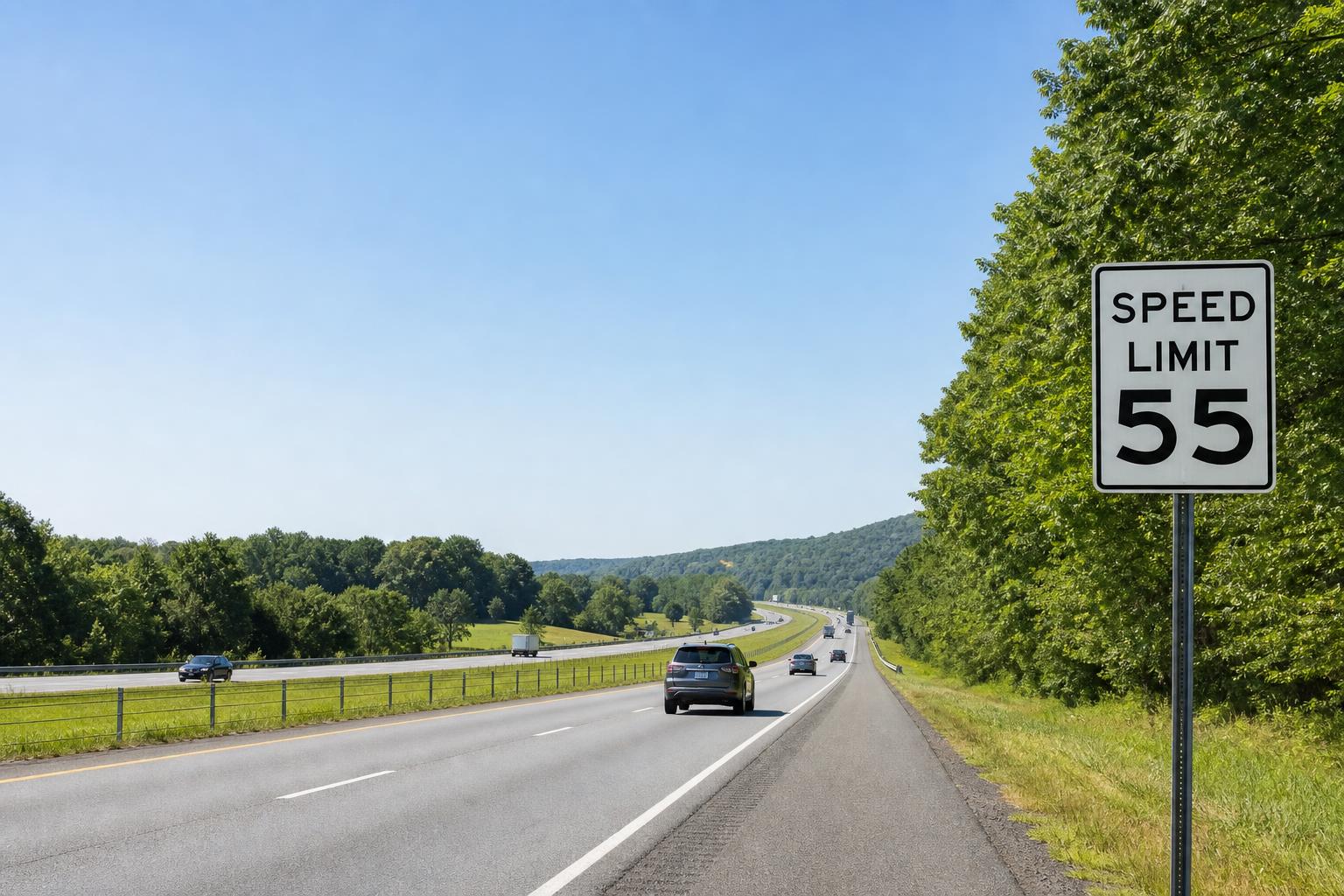 Speed Limit 55 sign beside a divided highway in Virginia