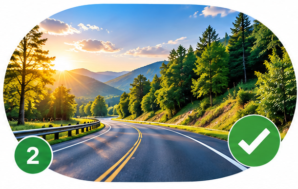 A scenic Virginia highway at sunrise, marked number 2 with a green check